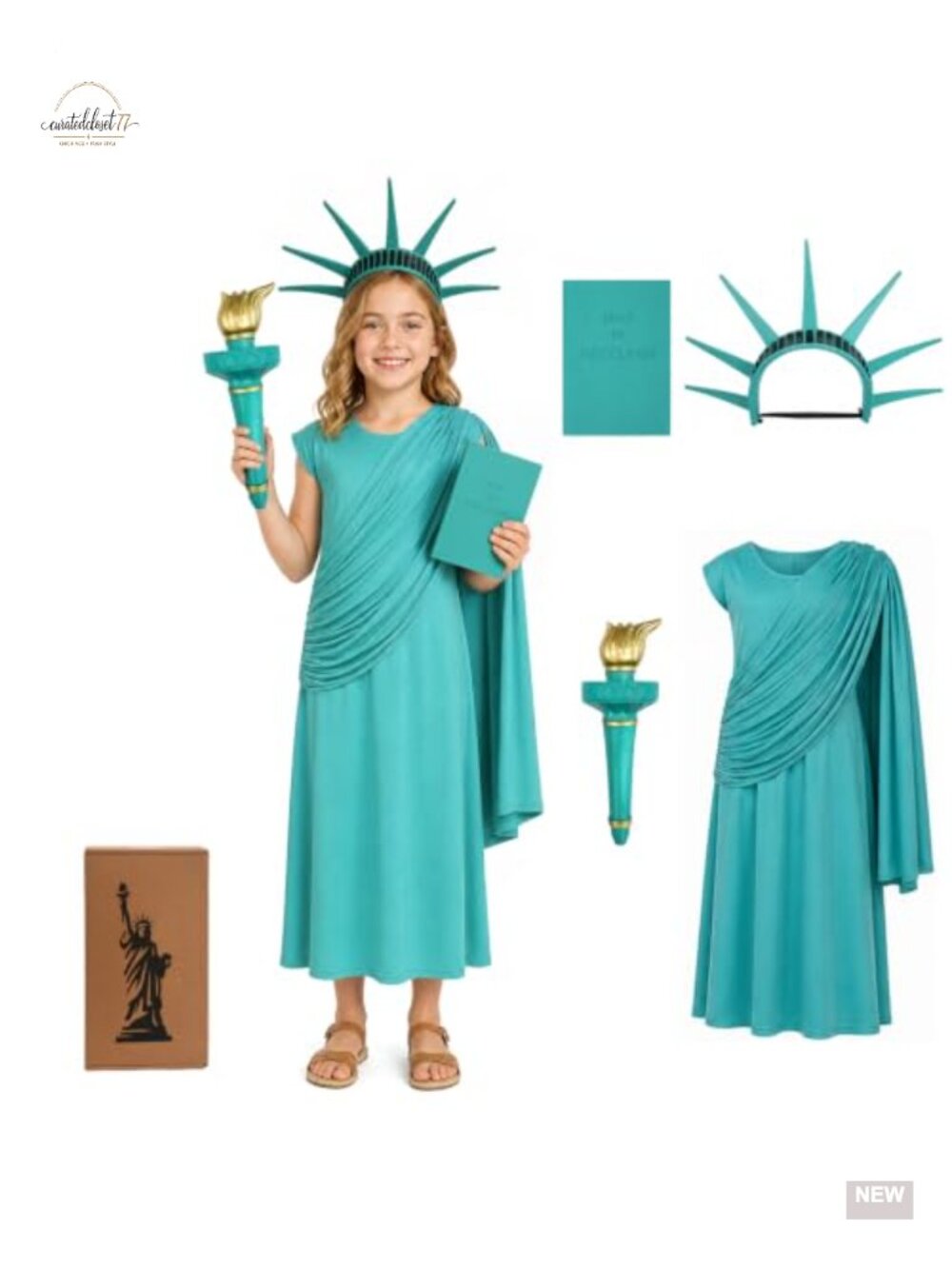 Girls Statue of Liberty Costume 4-Pc Dress Crown Torch Book Set